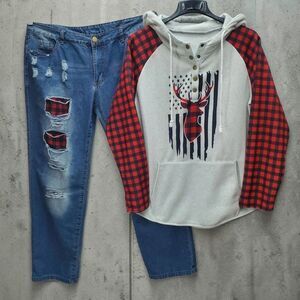 Raglan Sweatshirt Hooded and Jeans Womens XL Buffalo Plaid Flag Deer Cabincore
